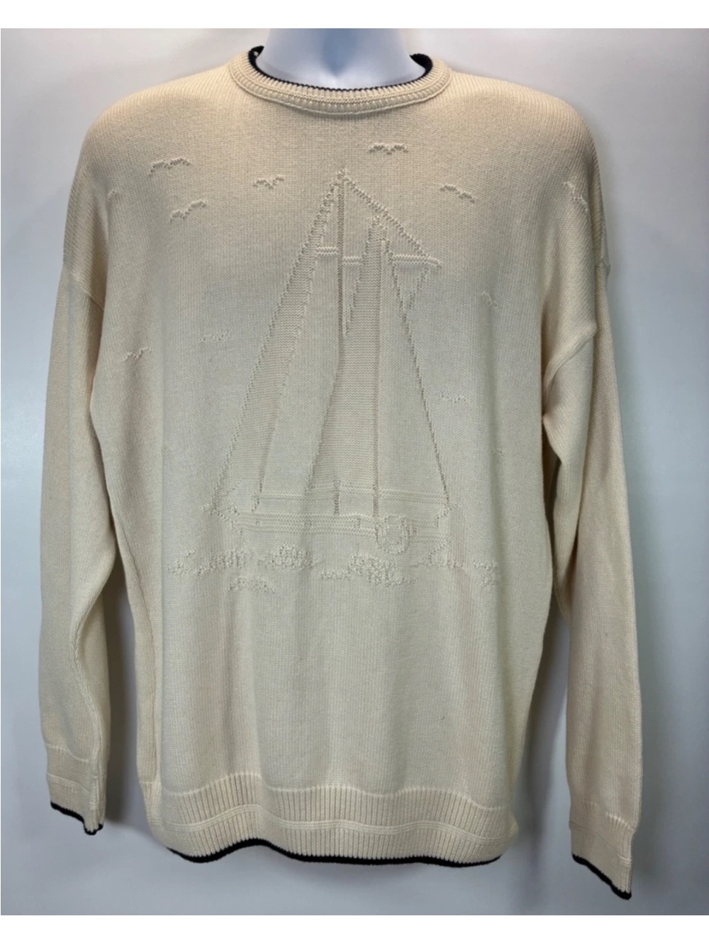 Vintage Binghamton Knitting Co. Sailboat Sweater Men's M Cream Made USA